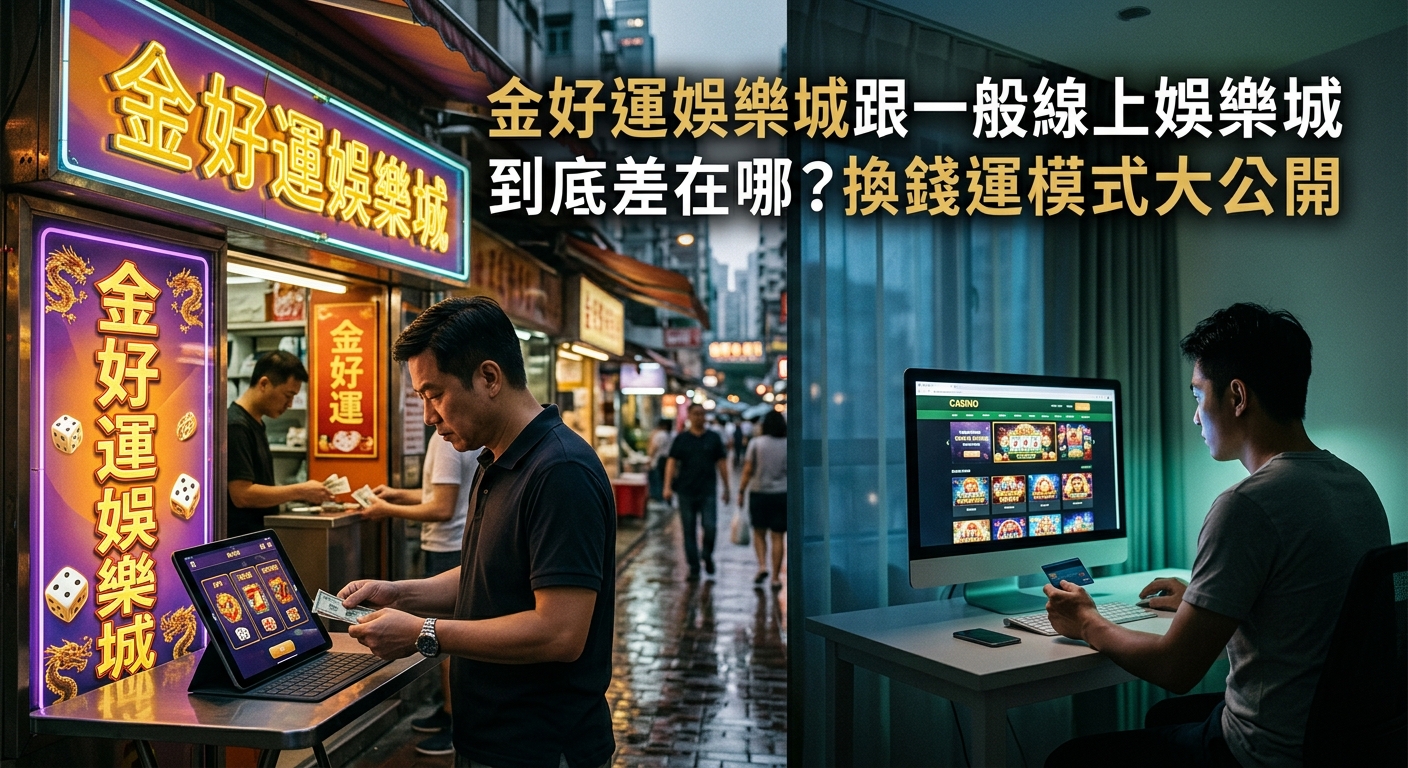 這張圖片採用雙拼對比畫面,左側展示實體店家與幣商交易的運作,右側則是玩家在電腦前操作一般線上娛樂城的場景。 上方配有醒目的中文字幕:「金好運娛樂城跟一般線上娛樂城到底差在哪?換錢運作模式大公開」。