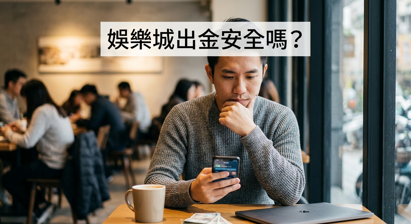 這張圖片展示了一名男子坐在咖啡館裡，專注地看著手機，展現出思考與謹慎的表情。 畫面上方帶有醒目的繁體中文標題：「娛樂城出金安全嗎？」。