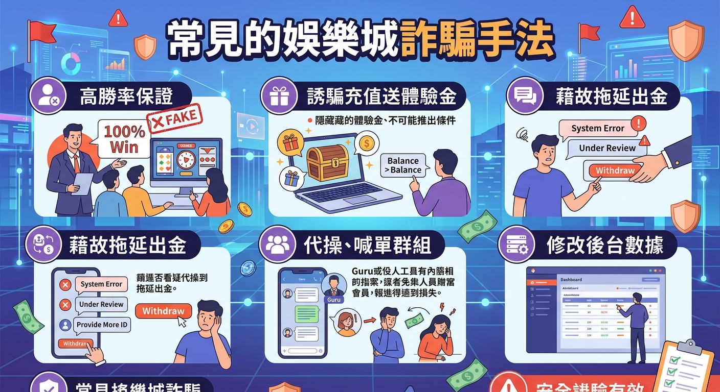 這張圖表說明了常見的娛樂城詐騙手法，包括保證高勝率、誘騙充值與拒絕提現等陷阱。 內容透過生動的插圖與文字標籤，提醒使用者注意網路博弈中的各種詐騙風險。